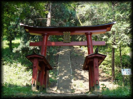 藤武神社境内正面に設けられた朱色の木製両部鳥居