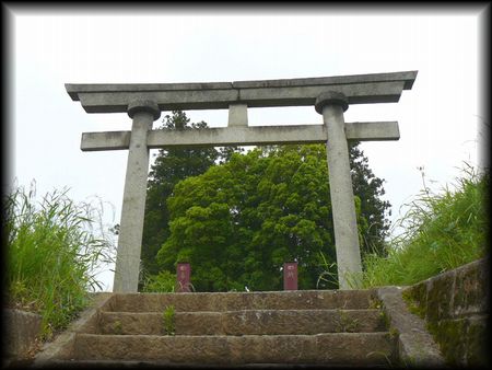 真木諏訪神社境内の石段から見上げた石造鳥居